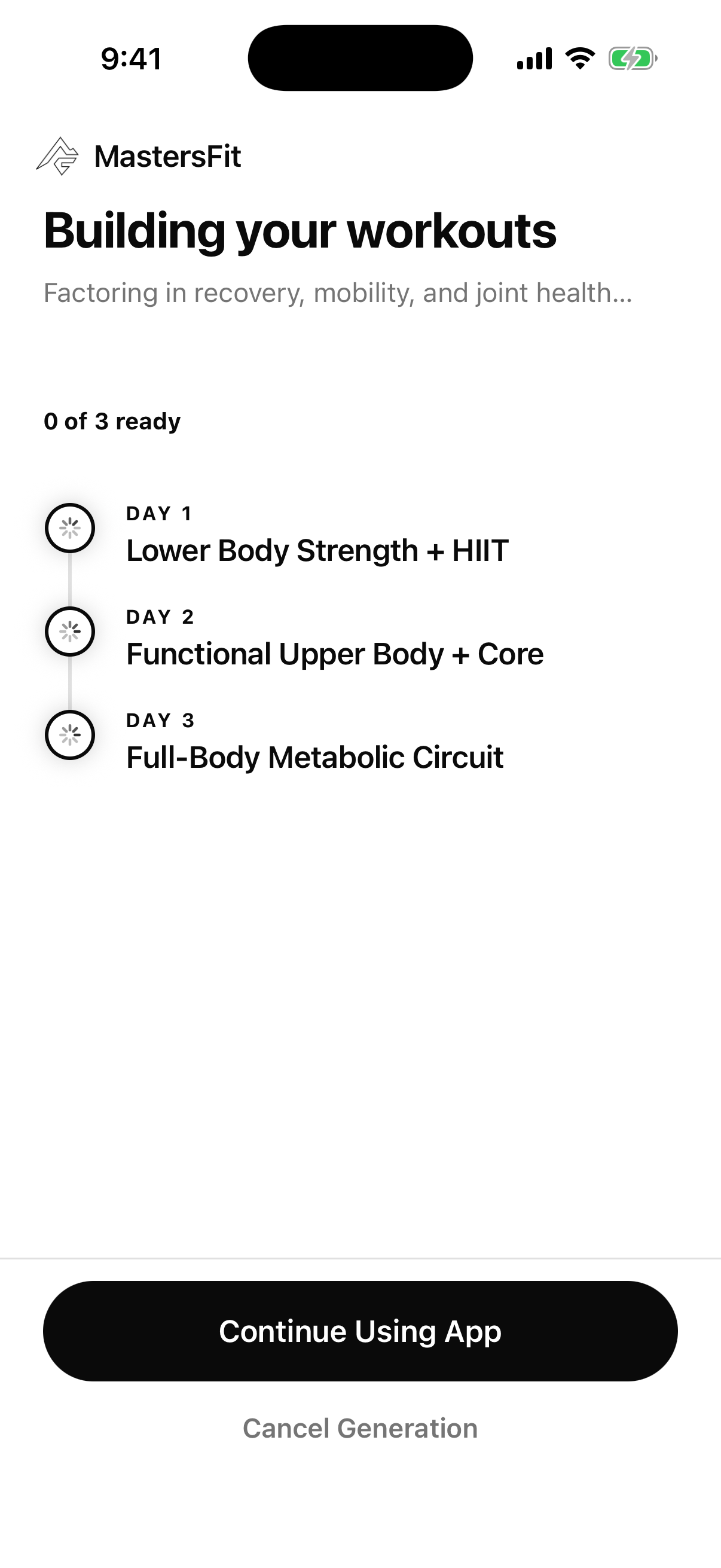 MastersFit building a personalized workout plan with AI