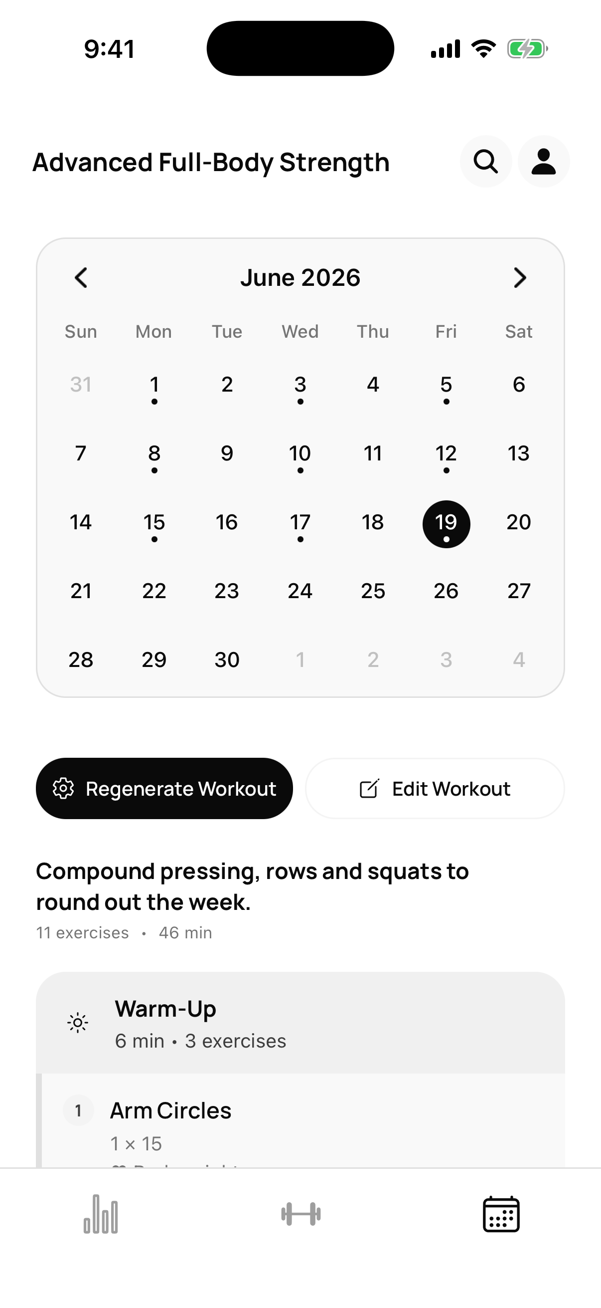 MastersFit workout calendar showing the week's training plan
