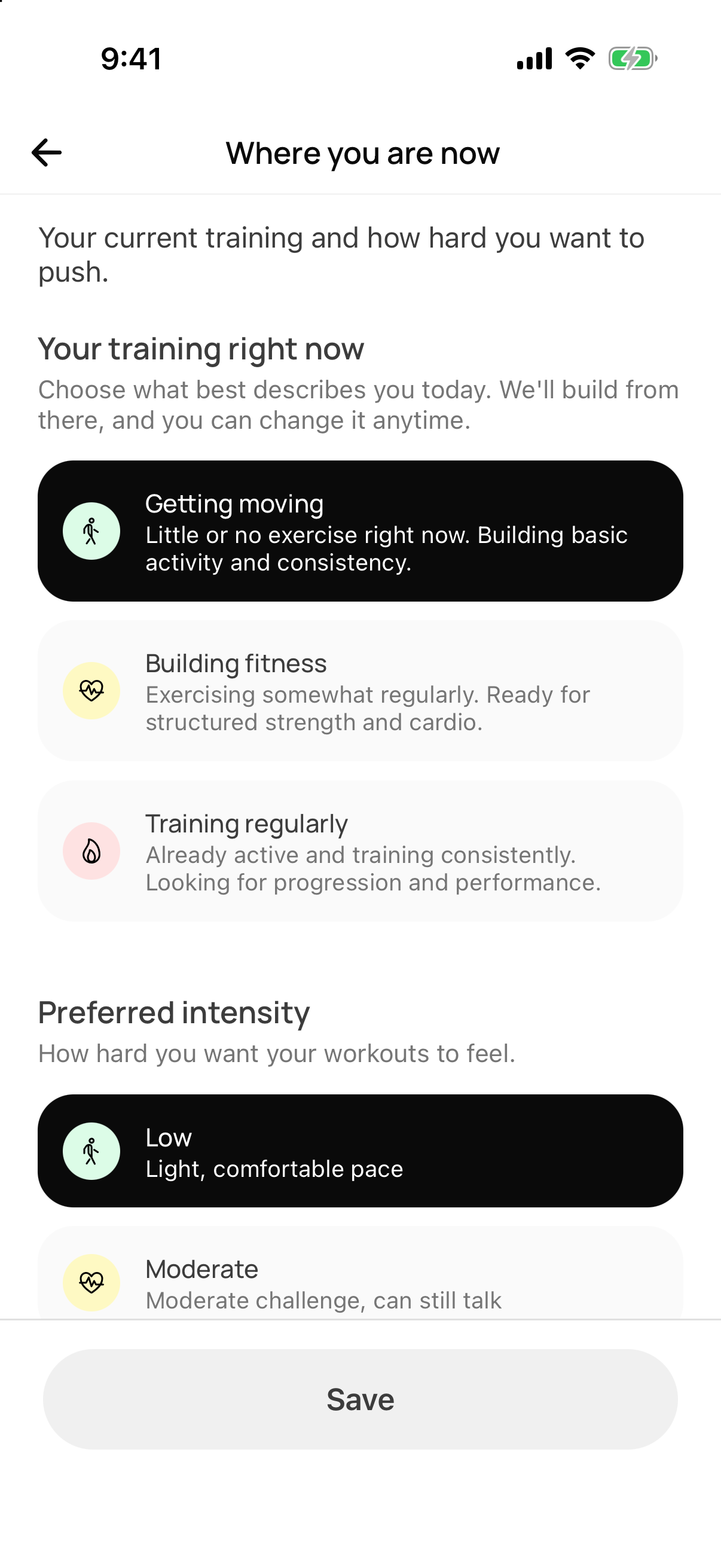 Choosing where you're starting in MastersFit: Getting moving, Building fitness, or Training regularly