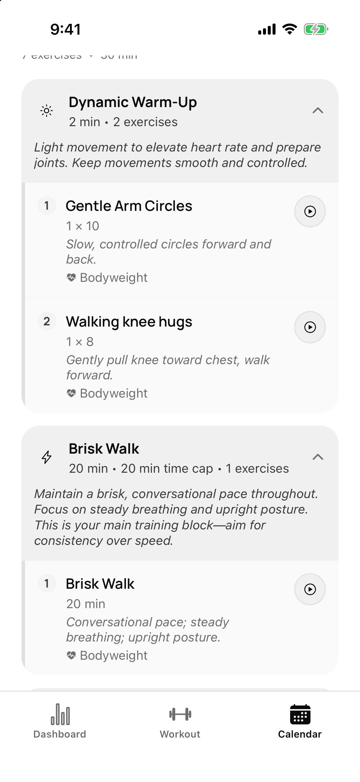 A Getting moving day in MastersFit: a short warm-up, then a 20-minute brisk walk